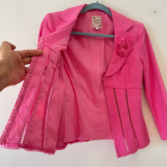 Vintage Nanette Lepore hot pink corset style rossete lace blazer barbiecore sz 4 - Picture 7 of 11